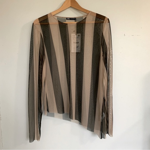 ZARA STRIPED ASYMMETRICAL BLACK AND BEIGE MESH TOP NWT - Picture 1 of 9